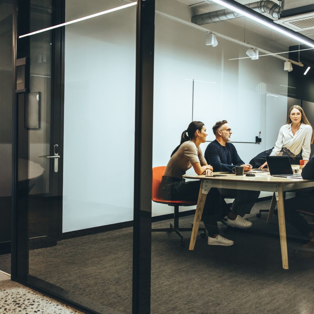 Team,Of,Diverse,Businesspeople,Having,A,Meeting,In,A,Transparent